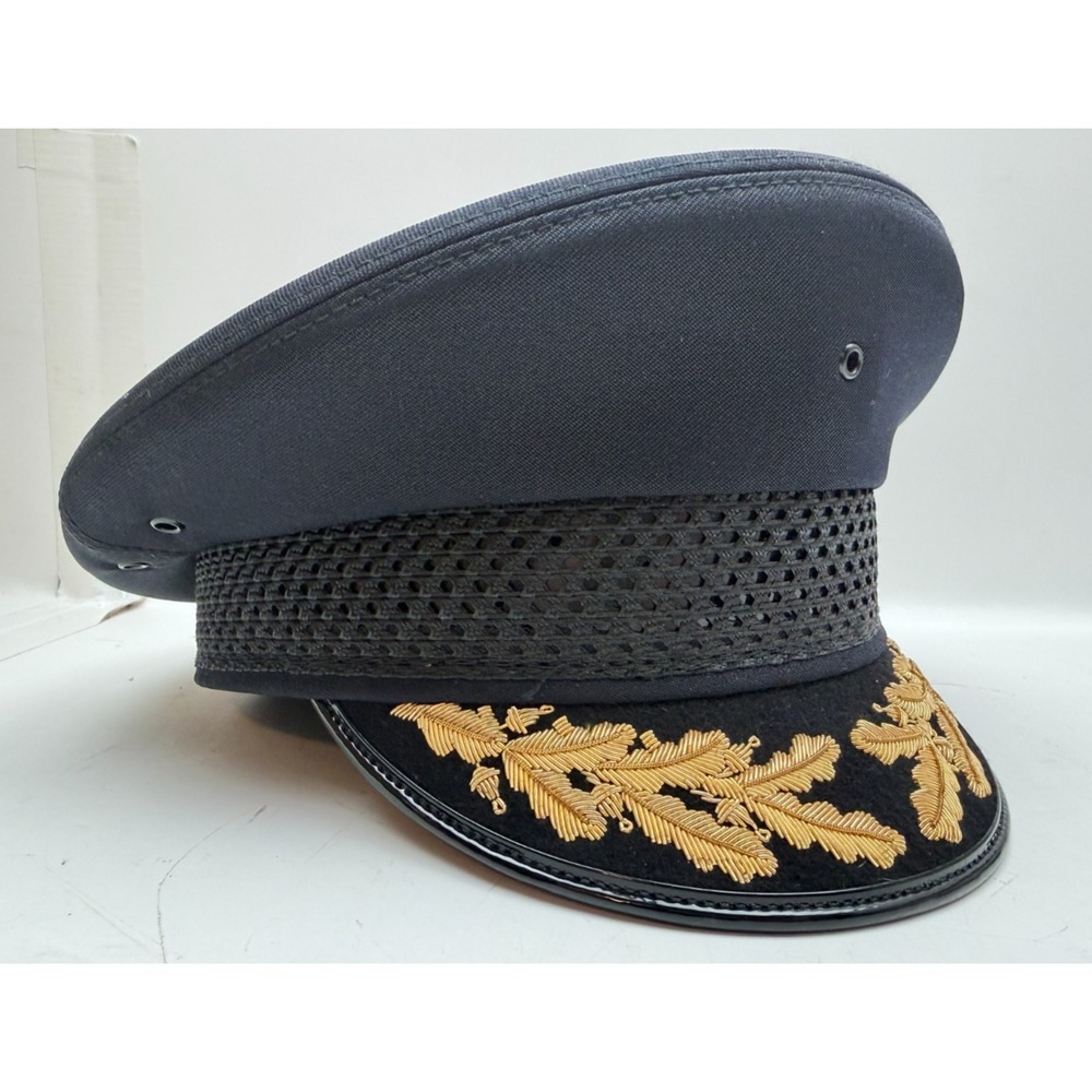 Midway Cap Co 5-Star Police Chief Visor Hat Gold Oak Leaf Mesh Navy Blue 7 1/8"